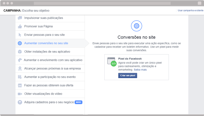 Anúncio Conversões no site Facebook